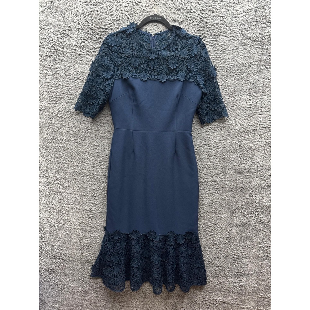 Teri Jon Rickie Freeman Floral Lace Cocktail Maxi Dress Navy Blue Womens Size 4